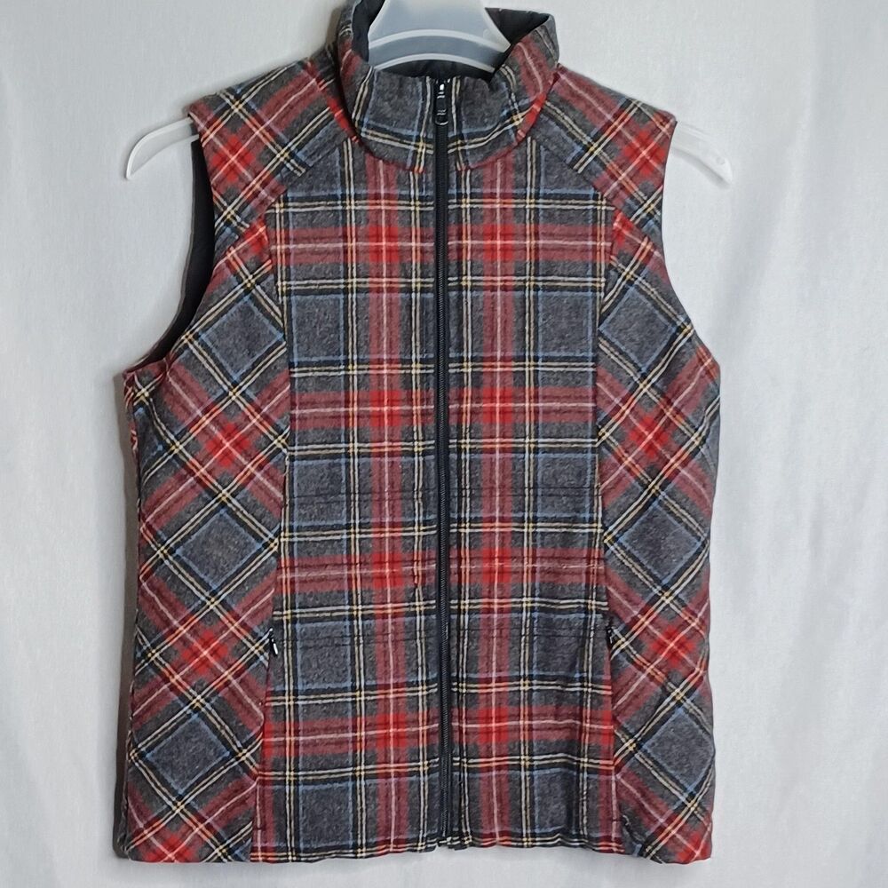 Pendleton Vest Womens Medium Gray Plaid Wool Reversible Quilted Outdoor